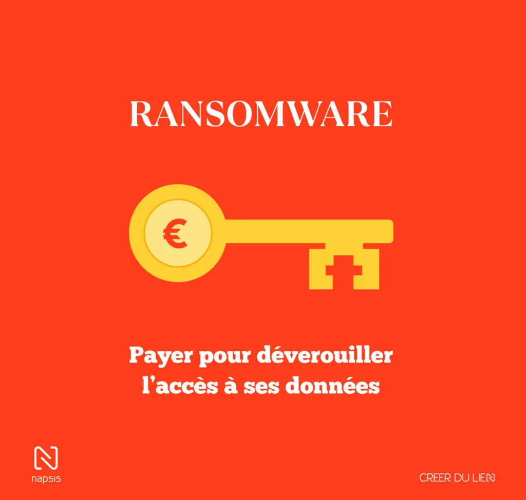 Illustration d'un ransomware (rançongiciel) : une clé en forme de pièce évoquant la rançon “payez pour déverrouiller vos données