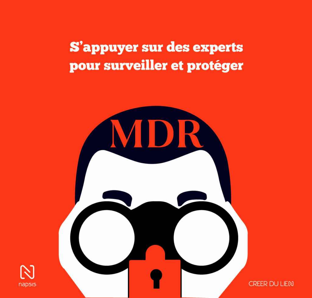 Illustration graphique mettant en avant le concept de MDR (Managed Detection and Response) avec une figure stylisée observant à travers des jumelles, symbolisant la surveillance continue de cybersécurité pour protéger les entreprises.